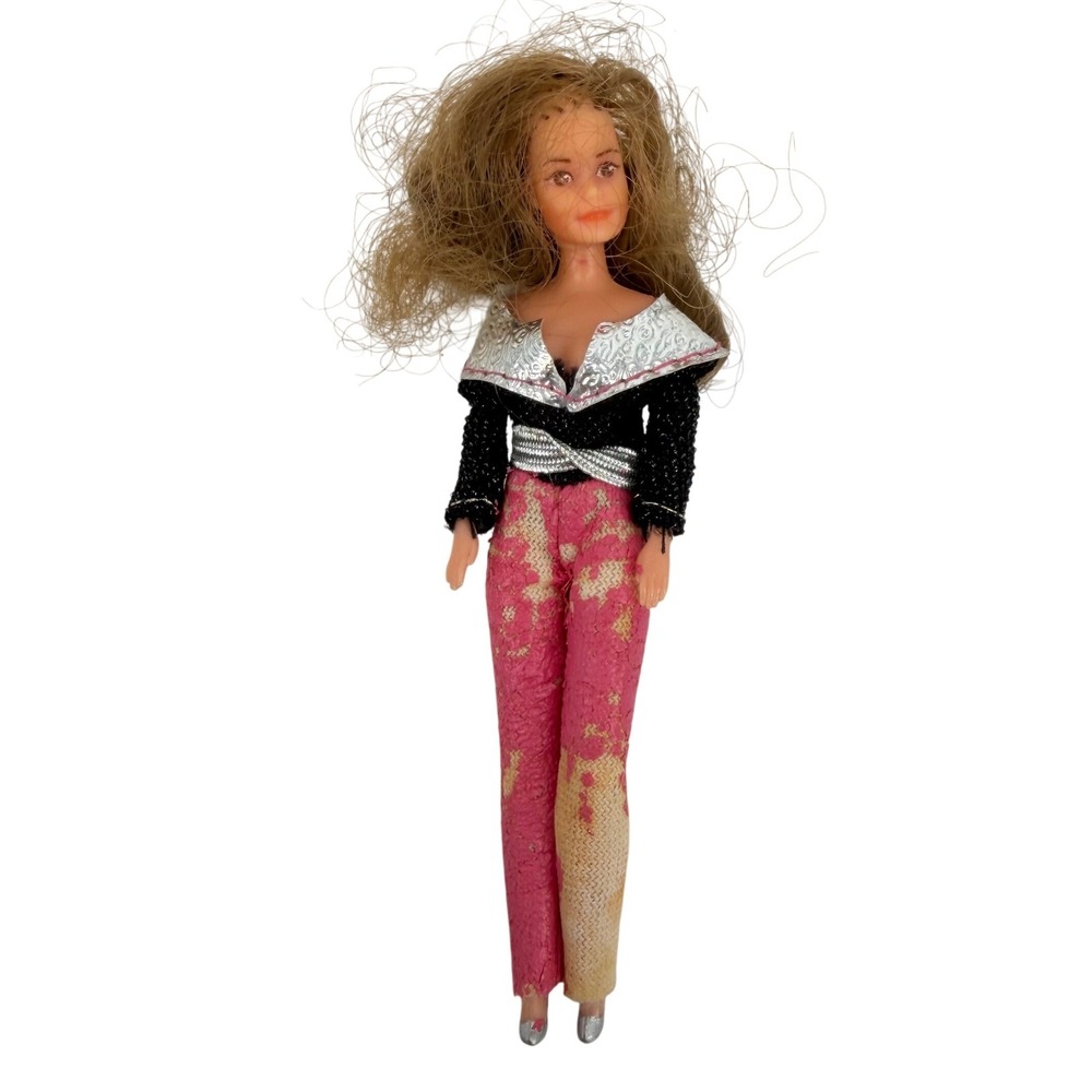 Vintage 80s Style Fashion Doll 4.5 Inch Miniature Pink Metallic Outfit Brunette‎
